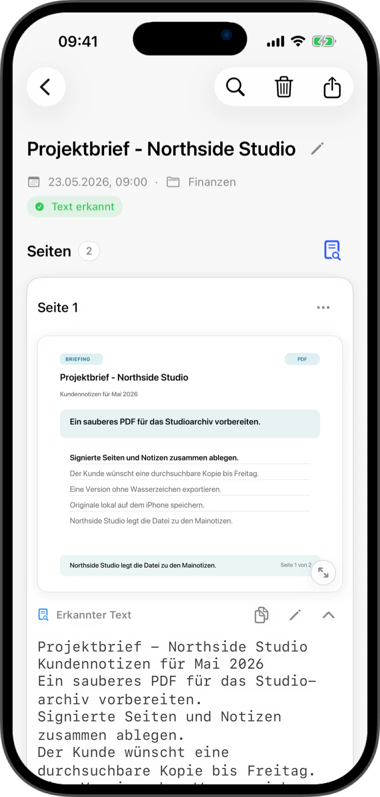 Flatscan-Dokumentansicht mit sauberem PDF-Export und erkanntem Text