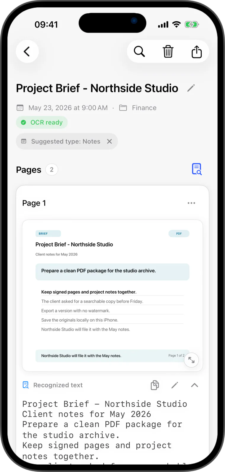 Flatscan document detail screen with clean PDF export and recognized text
