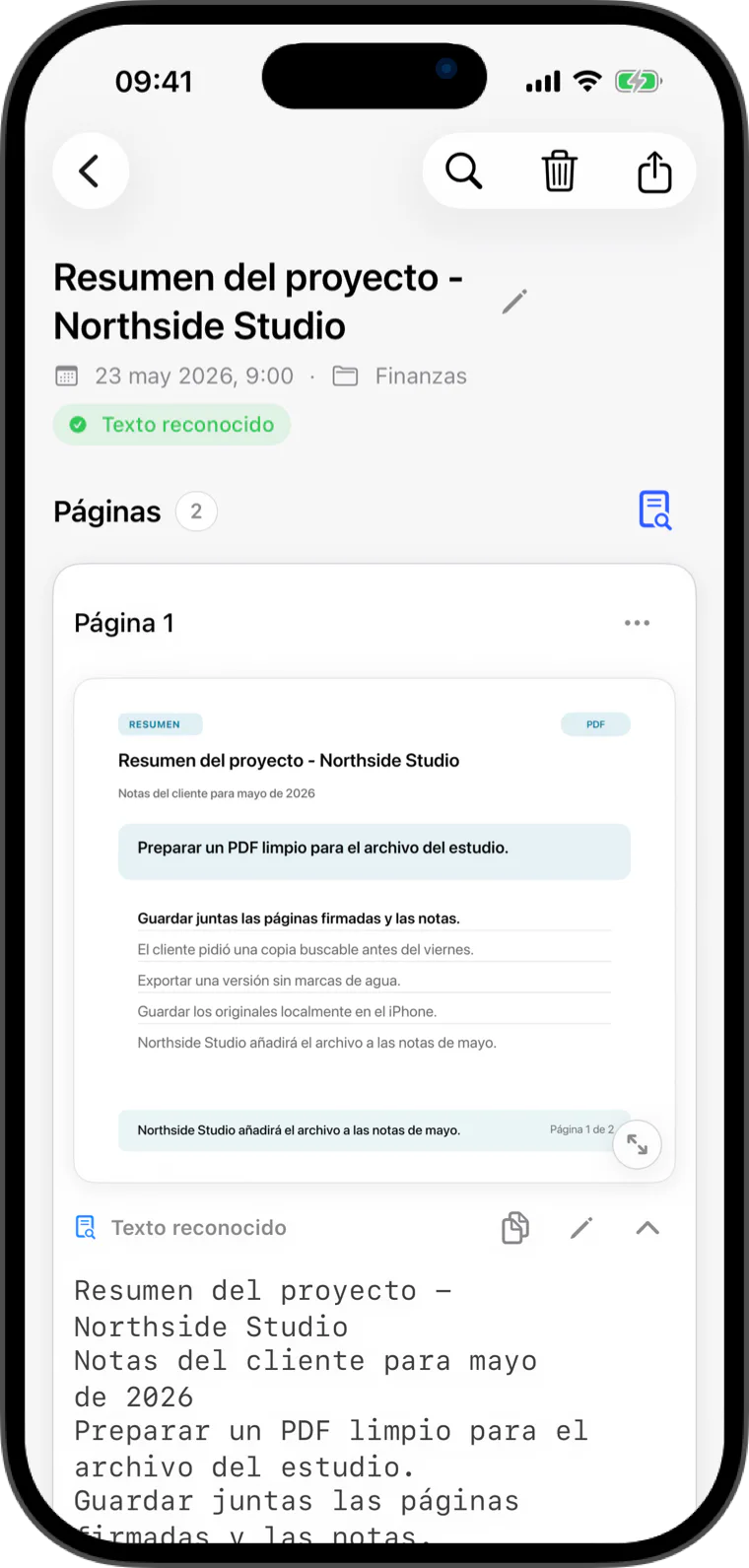 Pantalla de documento de Flatscan con exportación de PDF limpio y texto reconocido