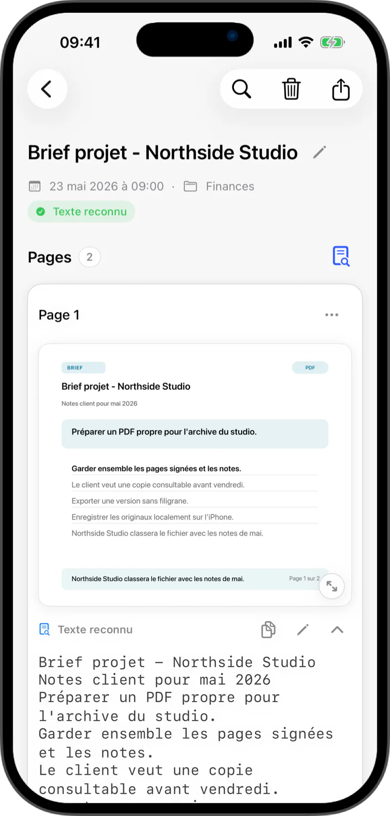 Écran de document Flatscan avec export de PDF net et texte reconnu