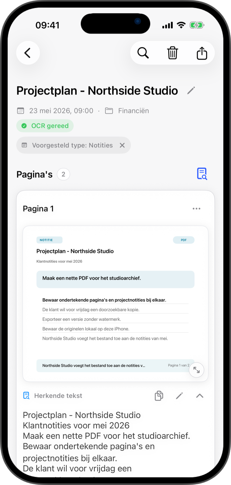 Flatscan-documentscherm met export van een heldere pdf en herkende tekst
