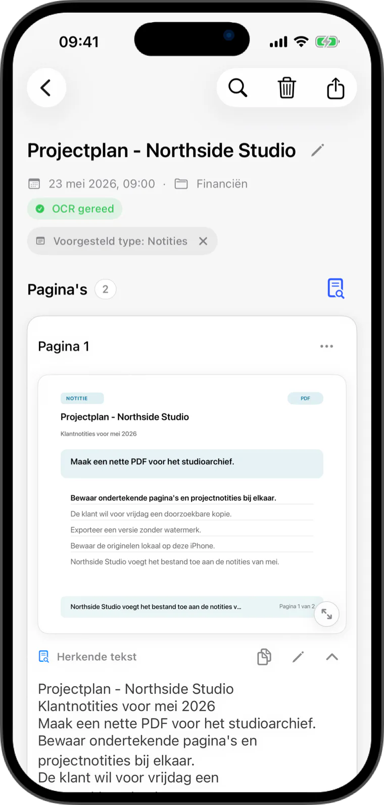 Flatscan-documentscherm met export van een heldere pdf en herkende tekst
