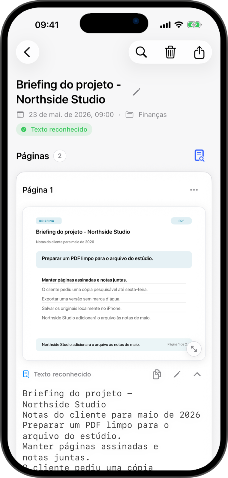 Tela de documento Flatscan com exportação de PDF limpo e texto reconhecido