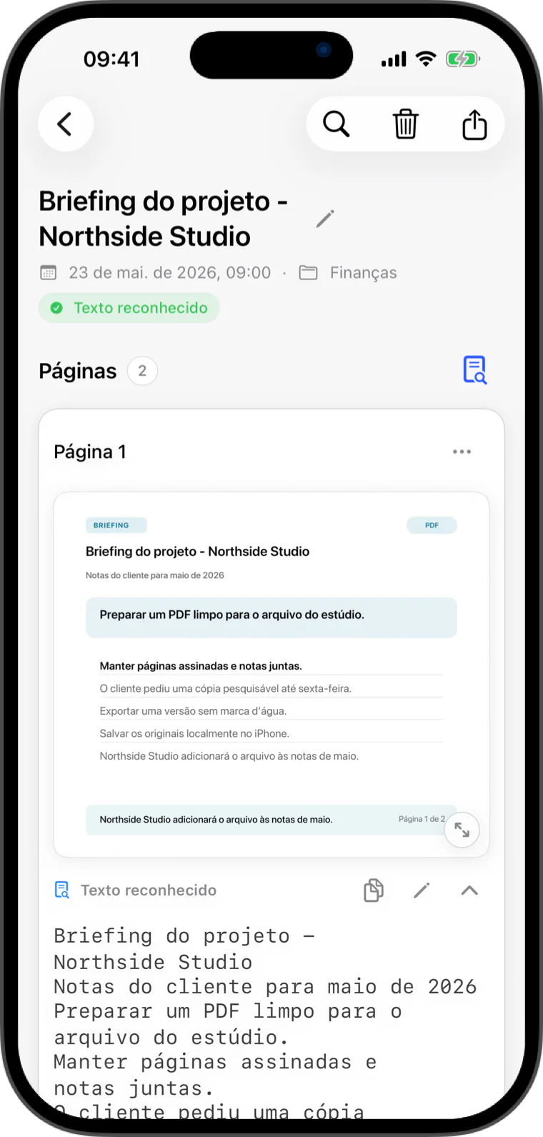 Tela de documento Flatscan com exportação de PDF limpo e texto reconhecido